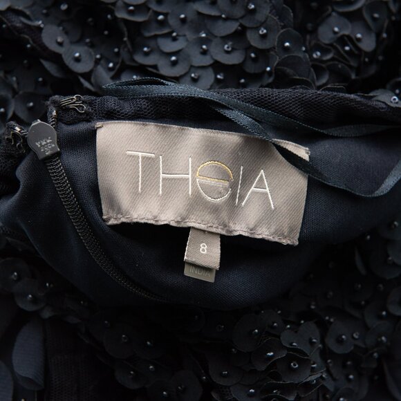 Theia Beaded Petal Appliqué Dress Maxi Short Sleeve Evening Gown Navy Blue 8 - Picture 3 of 9